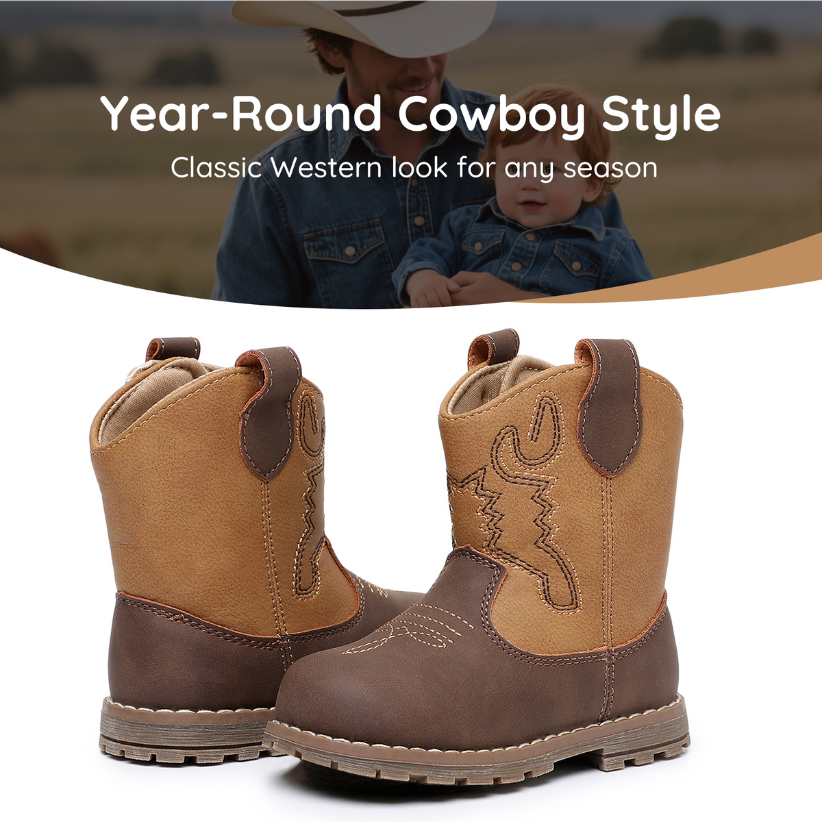 Apakowa Baby & Toddler Cowboy Boots for Boys Girls Infant Baby Cowboy Cowgirl Western Boots Round Toe All Seasons 6-36 Months (Infant/Toddler)-DY830-CamelBrown