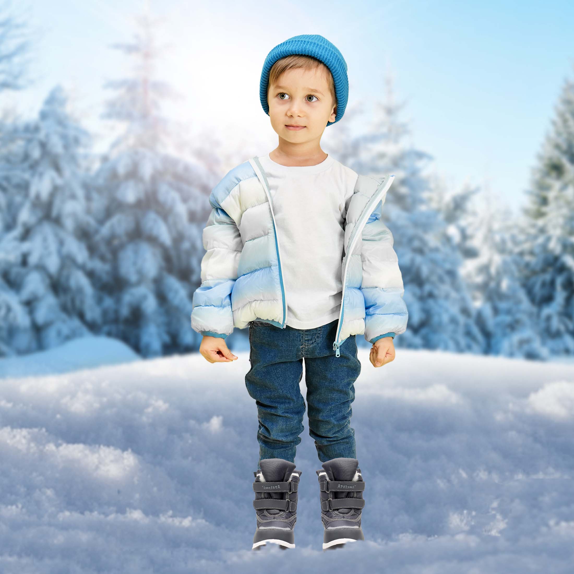 Apakowa Boys Water-resistant Snow Bootswith Hook & Loop for Toddler/Little Kid-H3305-Gray