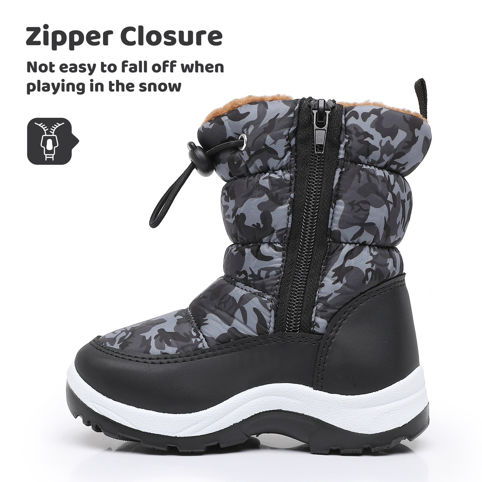 Apakowa Kids Boys Girls Snow Boots Side Zipper Water Resistant Warm Winter Boots (Toddler/Little Kid)-H0330-Black