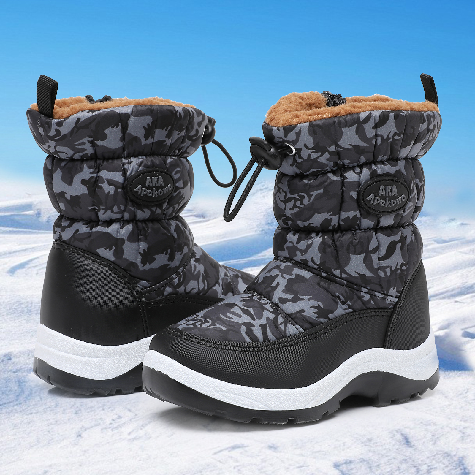 Apakowa Kids Boys Girls Snow Boots Side Zipper Water Resistant Warm Winter Boots (Toddler/Little Kid)-H0330-Black