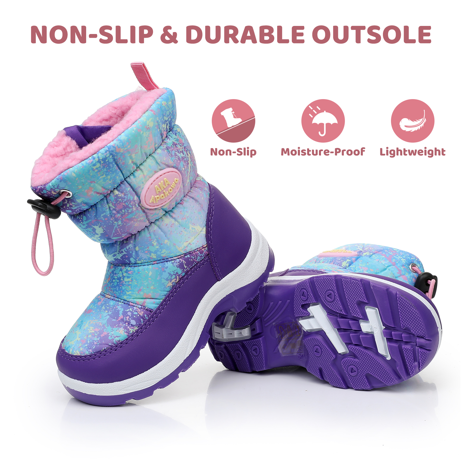 Apakowa Kids Boys Girls Snow Boots Side Zipper Water Resistant Warm Winter Boots (Toddler/Little Kid)-H0330-Rainbow