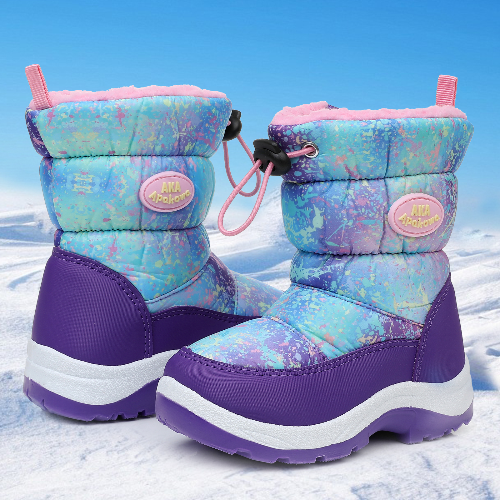 Apakowa Kids Boys Girls Snow Boots Side Zipper Water Resistant Warm Winter Boots (Toddler/Little Kid)-H0330-Rainbow