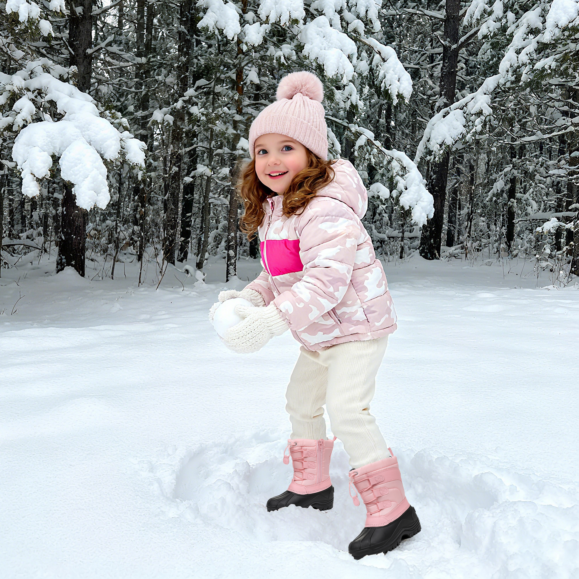 Apakowa Kids Boys Girls Winter Snow Boots Waterproof Outdoor Insulated Snow Boots (Little Kid/Big Kid)-H3307-Pink