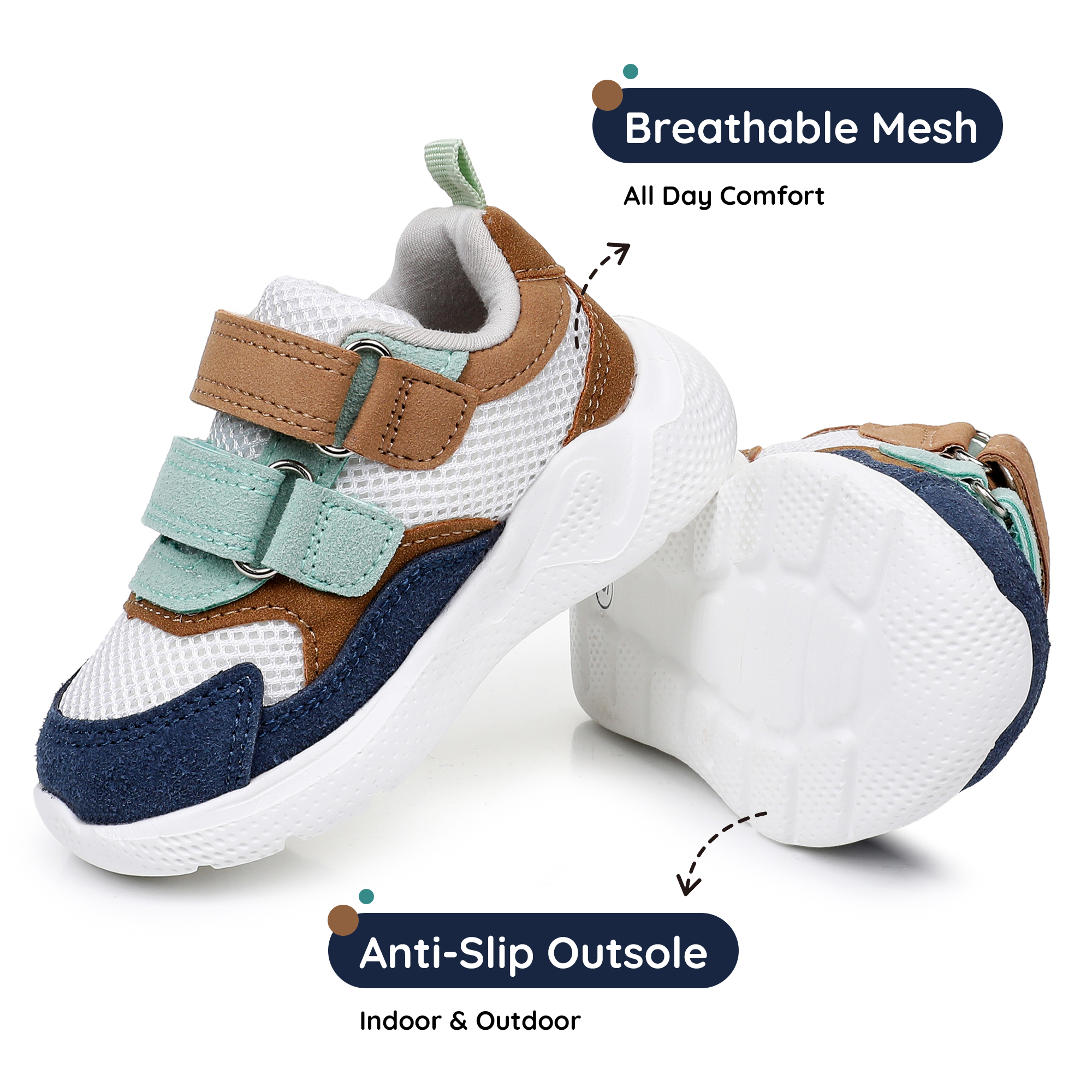 Apakowa Infant & Toddler Boys Girls Sneakers – Breathable Mesh First Walker Shoes with Adjustable Strap or Elastic Laces, Lightweight Non-Slip Athletic Shoes for Early Walkers (6-24 Months)-RF527-Khaki/Navy/0live
