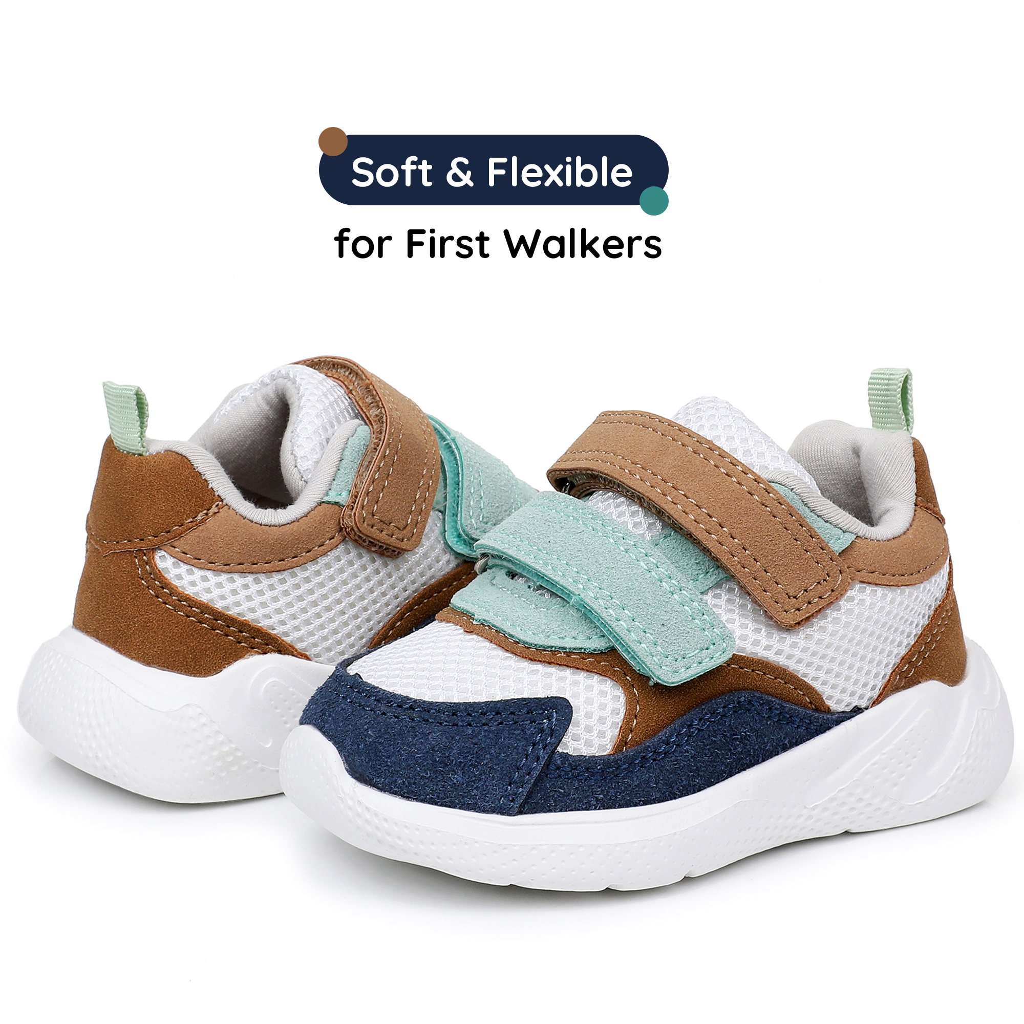 Apakowa Infant & Toddler Boys Girls Sneakers – Breathable Mesh First Walker Shoes with Adjustable Strap or Elastic Laces, Lightweight Non-Slip Athletic Shoes for Early Walkers (6-24 Months)-RF527-Khaki/Navy/0live