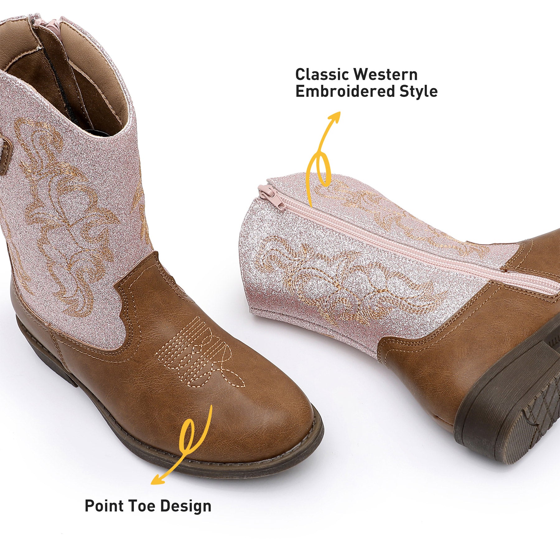 Apakowa Kids Girls Cowboy Boots Side Zipper Embroidered Western Style for Toddler Little/Big Kid-RF735-GlitterPinkBrown