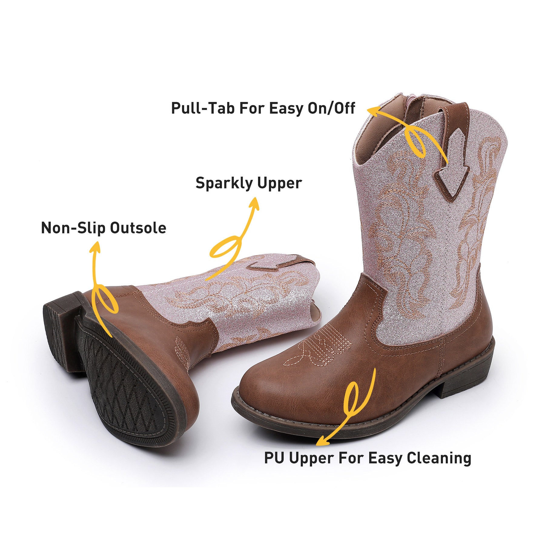 Apakowa Kids Girls Cowboy Boots Side Zipper Embroidered Western Style for Toddler Little/Big Kid-RF735-GlitterPinkBrown