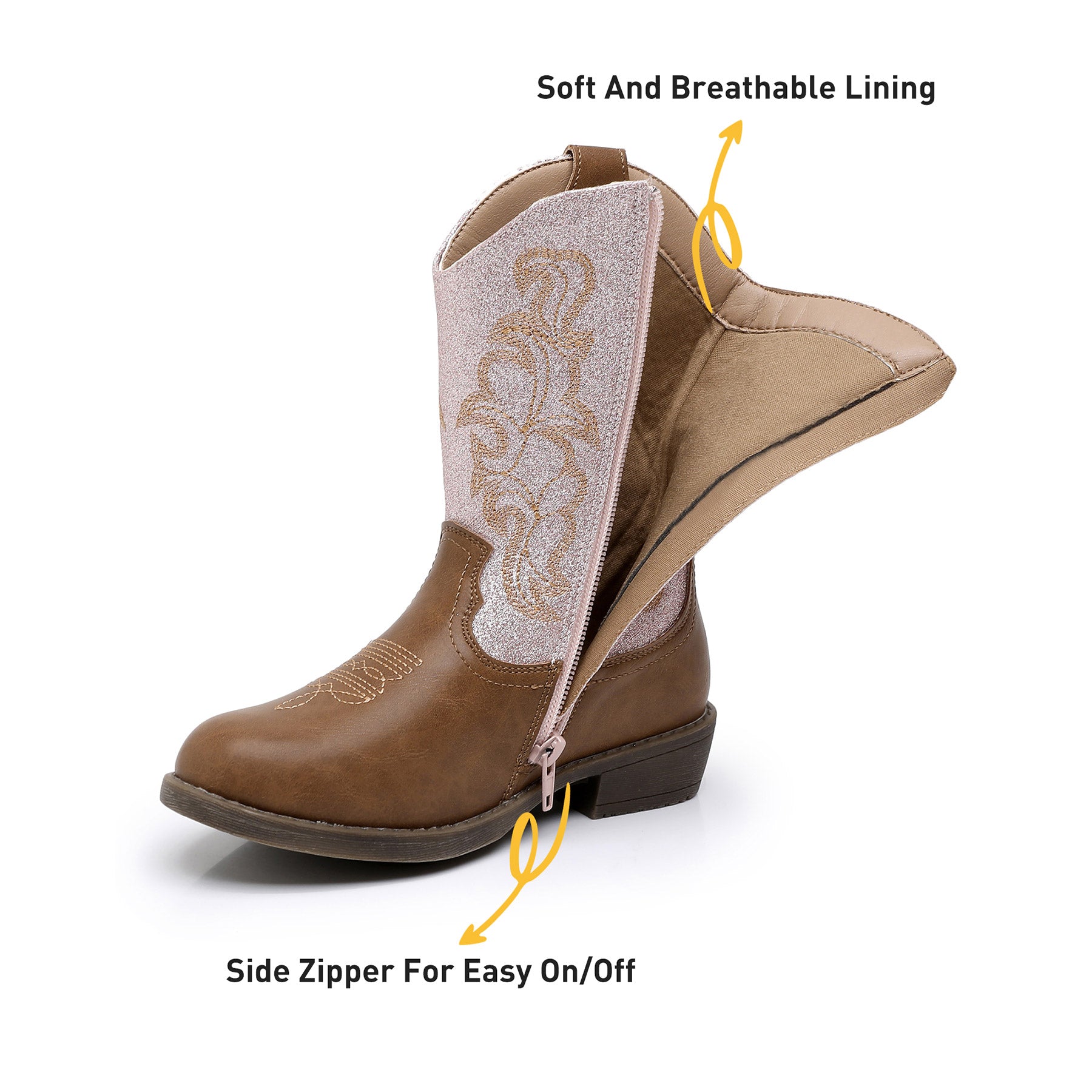 Apakowa Kids Girls Cowboy Boots Side Zipper Embroidered Western Style for Toddler Little/Big Kid-RF735-GlitterPinkBrown