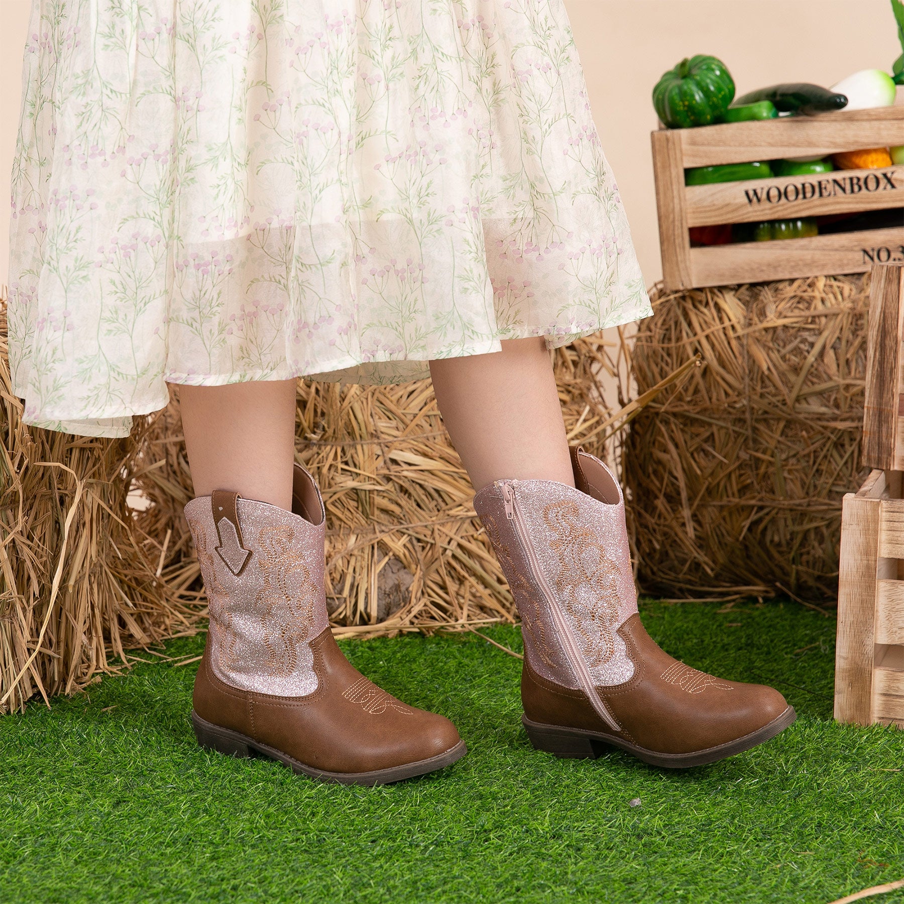 Apakowa Kids Girls Cowboy Boots Side Zipper Embroidered Western Style for Toddler Little/Big Kid-RF735-GlitterPinkBrown