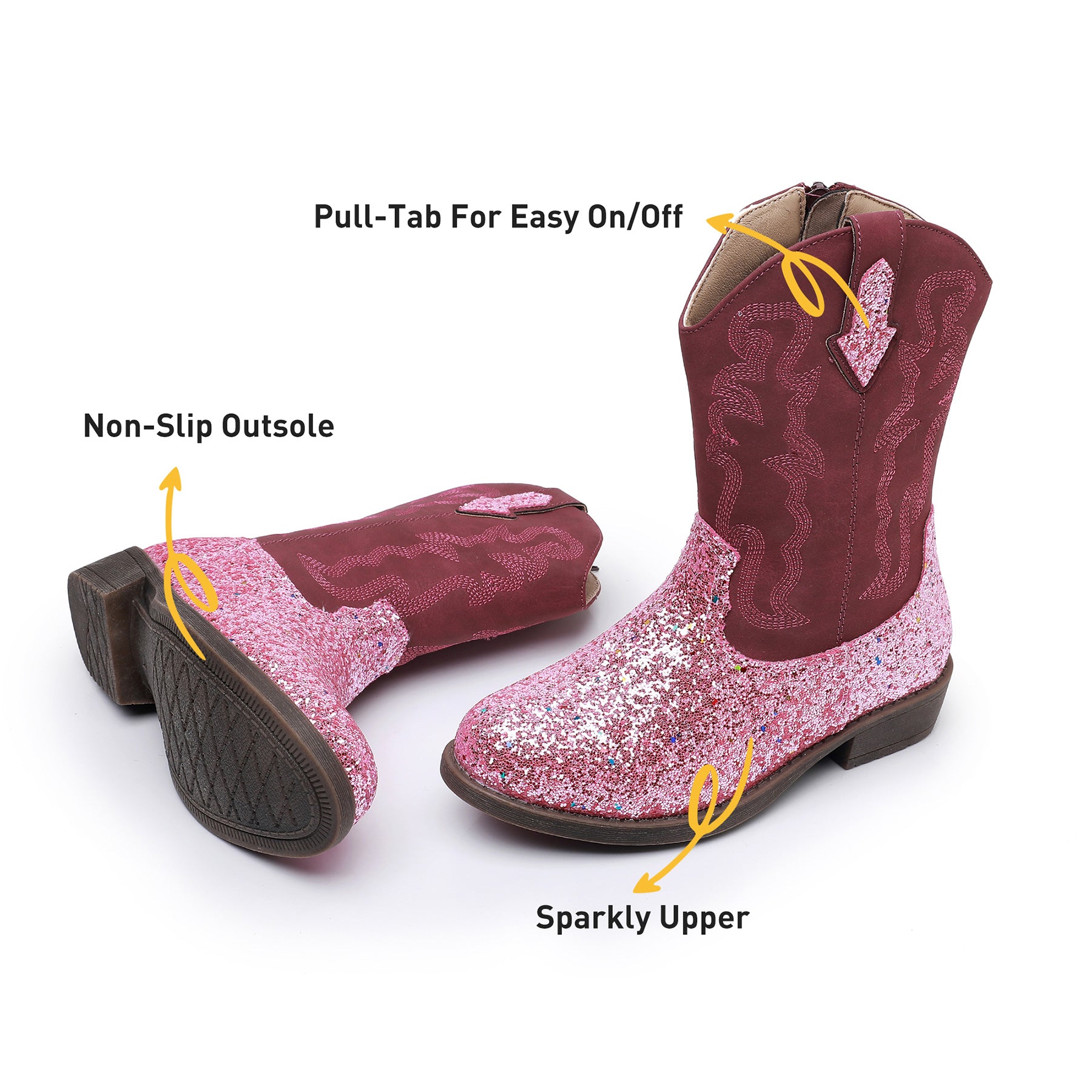 Apakowa Kids Girls Cowboy Boots Side Zipper Embroidered Western Style for Toddler Little/Big Kid-RF778-GlitterPink