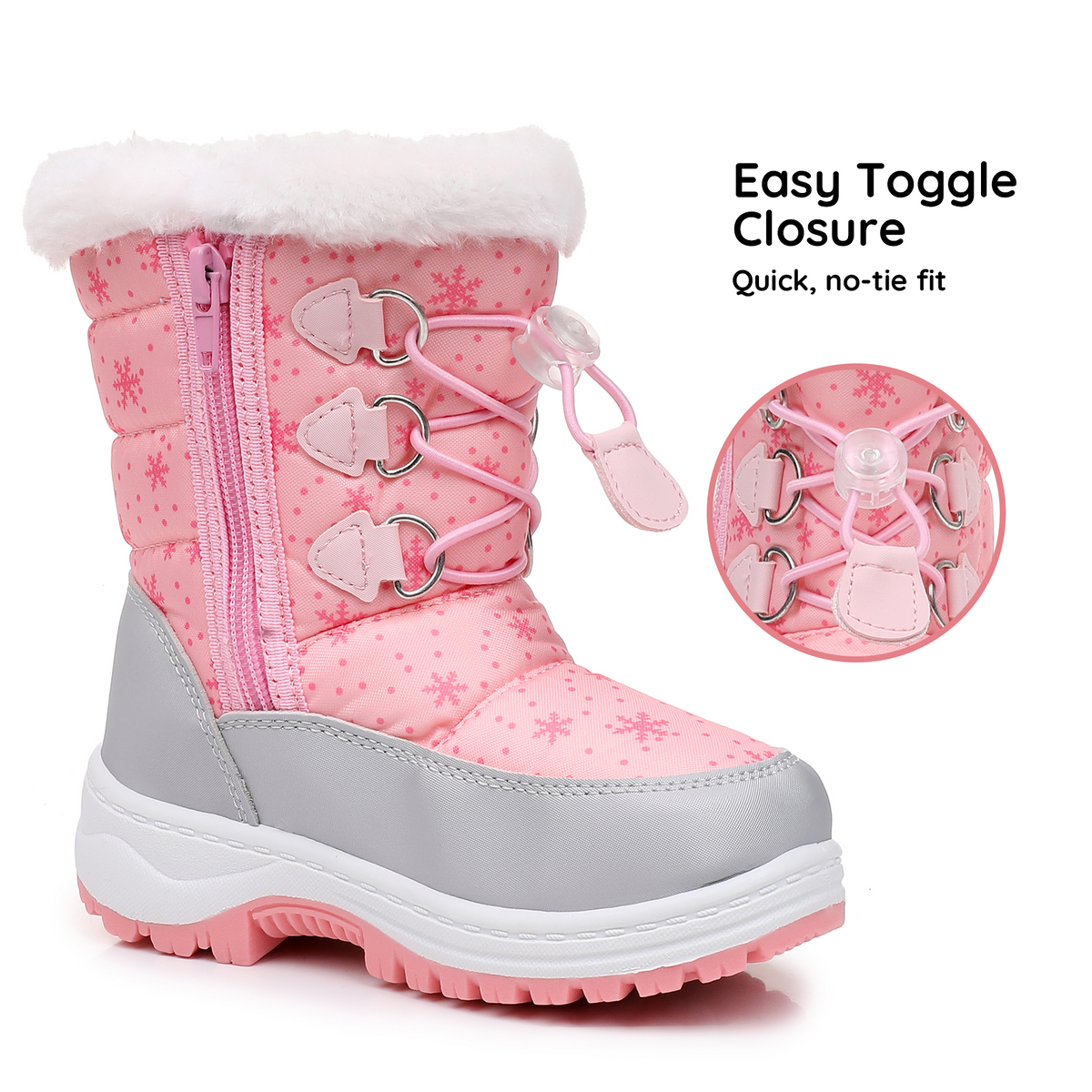 Blikcon Girls Waterproof Snow Boots with Faux Fur – Warm Winter Boots with Drawstring Closure & Non-Slip Sole-H0620-Pink
