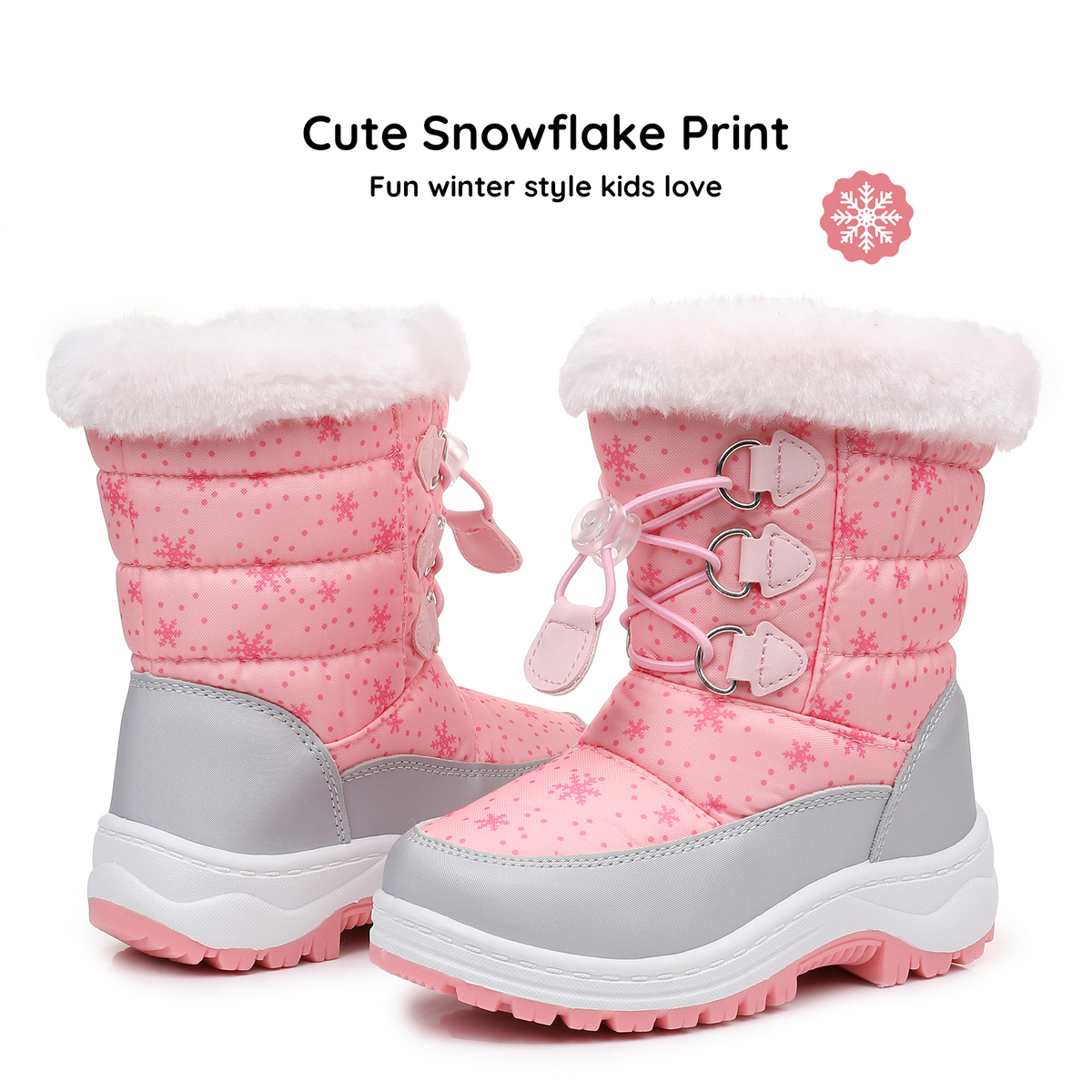 Blikcon Girls Waterproof Snow Boots with Faux Fur – Warm Winter Boots with Drawstring Closure & Non-Slip Sole-H0620-Pink
