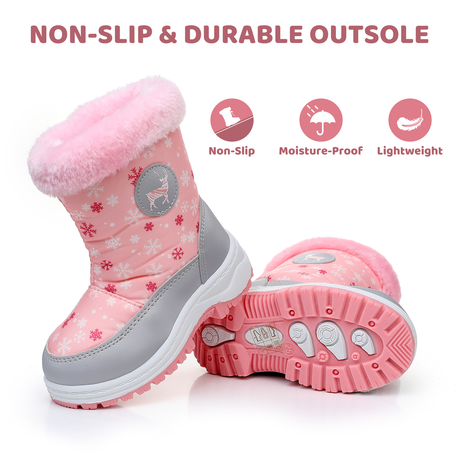Apakowa Kids Boys Girls Snow Boots Waterproof Warm Winter Boots Slip Resistant (Toddler/Little Kid)-H0329-Pink