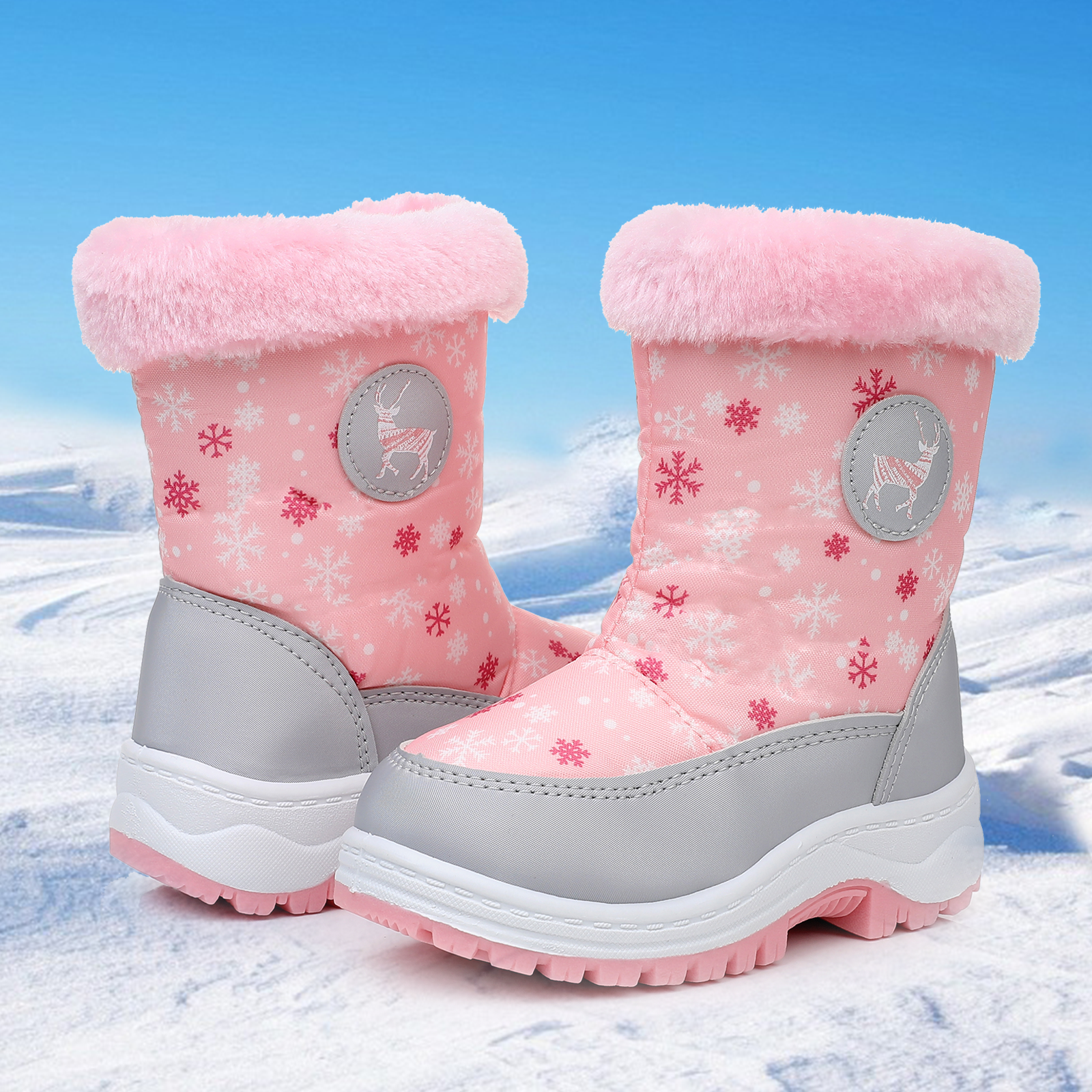 Apakowa Kids Boys Girls Snow Boots Waterproof Warm Winter Boots Slip Resistant (Toddler/Little Kid)-H0329-Pink
