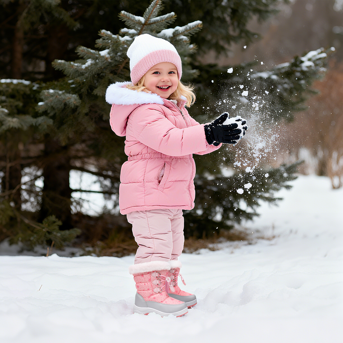 Blikcon Girls Waterproof Snow Boots with Faux Fur – Warm Winter Boots with Drawstring Closure & Non-Slip Sole-H0620-Pink