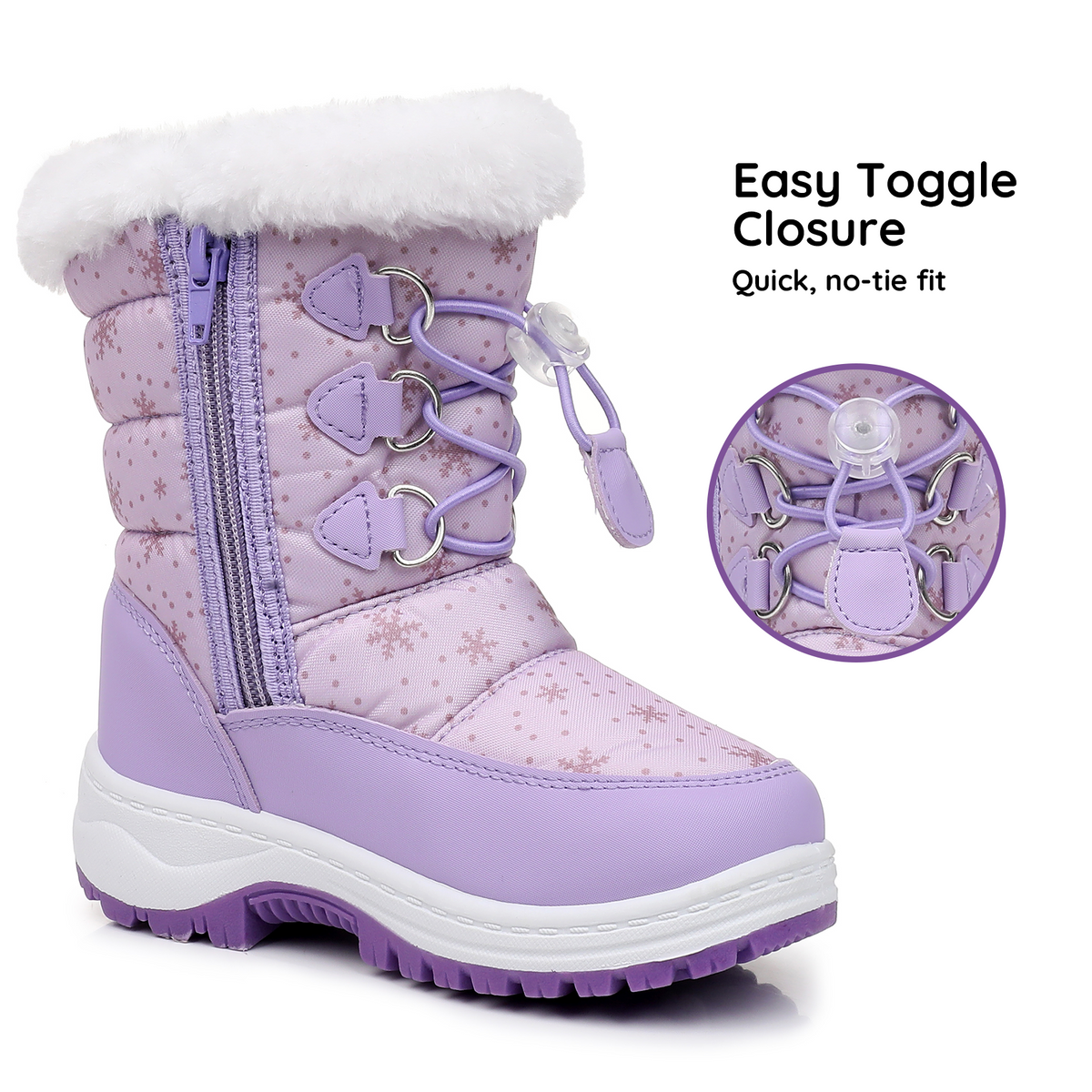 Blikcon Girls Waterproof Snow Boots with Faux Fur – Warm Winter Boots with Drawstring Closure & Non-Slip Sole-H0620-Purple